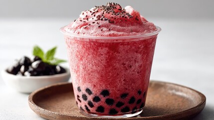 Refreshing Watermelon Bubble Tea with Tapioca Pearls and Black Sesame Seeds