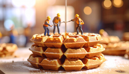 Miniature construction workers in hard hats are "pouring syrup" onto a stack of golden waffles, with one worker holding a large "spout."