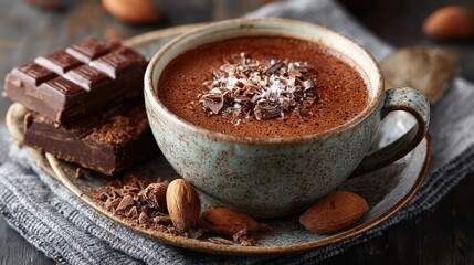 Hot Chocolate Drink with Chocolate Shavings and Almonds on Rustic Table