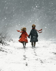 A vintage, painterly illustration of two children holding hands and walking away in a snowstorm. A nostalgic and sentimental scene of friendship and love.
