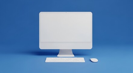 Minimalist Desktop Computer Setup with Keyboard and Mouse on a Blue Background for Modern Office or Technology Concept