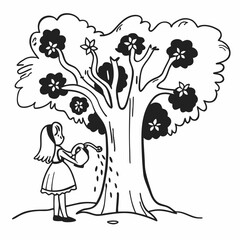 vector illustration of tree in the water pumping a girl, bird  line art  coloring page 