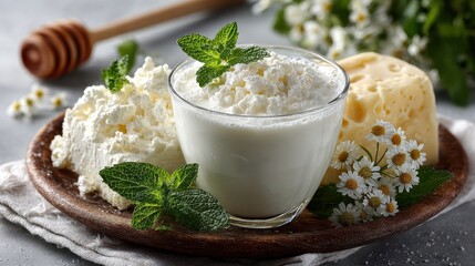 Fresh dairy products: cottage cheese, milk, cheese and mint on wooden plate