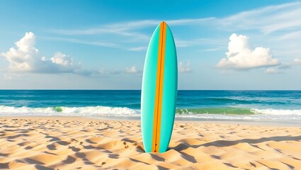 A turquoise surfboard with orange stripe standing on a sandy beach under a blue sky with clouds | national beach day