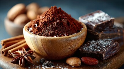 Cocoa Powder in Wooden Bowl with Chocolate, Cinnamon and Star Anise