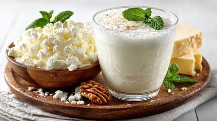 Dairy Still Life: Cottage Cheese, Cheese, and Milk Drink with Mint