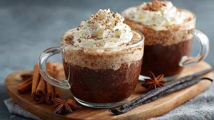 Hot Chocolate with Whipped Cream and Spices on a Wooden Board