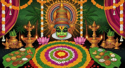 Traditional Onam Festival Celebration with Cultural Decor, Feasts, and Snake Boat Racing