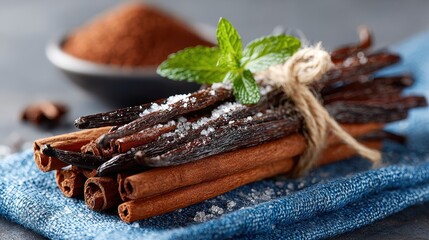 Aromatic Vanilla Beans and Cinnamon Sticks with Mint on Blue Cloth