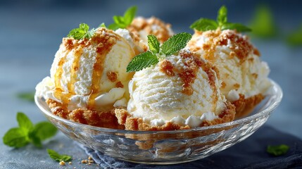 Delicious Ice Cream Dessert with Caramel, Crumble Topping and Fresh Mint