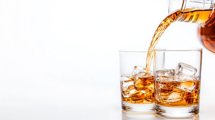 Golden liquid cascades from a pitcher into two glasses filled with ice, creating a refreshing and visually appealing scene on a bright white background.