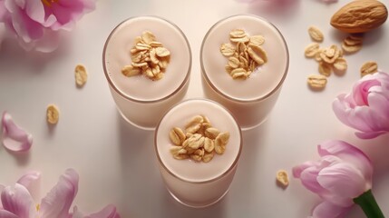 Creamy Smoothies with Almonds and Oats Surrounded by Pink Flowers
