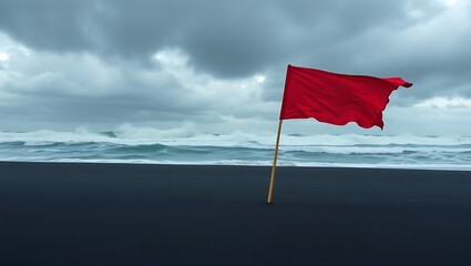 A red flag on a dark sand beach with waves and a cloudy sky warning of dangerous ocean conditions | national beach day