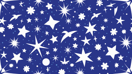 White stars and birds on a dark blue background with small blue dots pattern