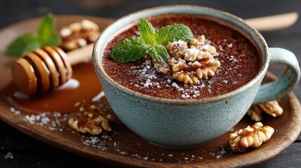 Delicious chocolate mousse with walnuts, honey and mint in a ceramic cup