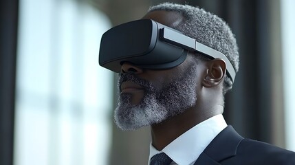 Business professional wearing virtual reality headset.