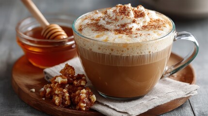 Honey Latte with Whipped Cream and Toffee on a Wooden Tray