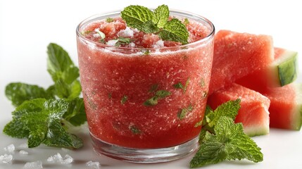 Refreshing Watermelon Slush with Mint, Summer Drink on White Background