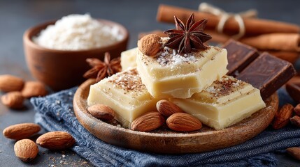 Homemade White Chocolate Fudge with Almonds and Star Anise Close-Up