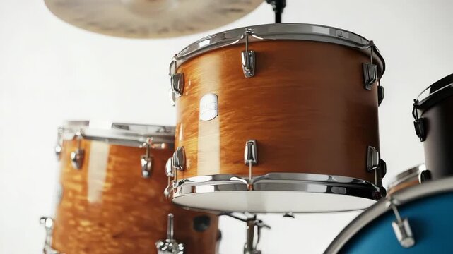 Wooden acoustic drum set, includes snare, tom, and cymbals