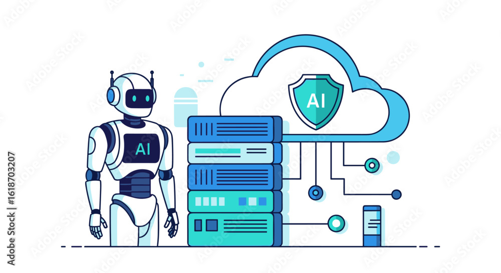 Poster a futuristic cartoon illustration shows a robot with ai technology interacting with a cloud server, 