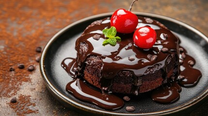 Decadent Chocolate Cake with Cherry Garnish and Melted Ganache