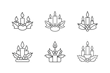 Obraz premium Christmas Candles with Holly Leaves and Berries set of Line Art Vector illustration