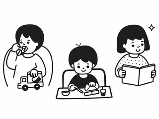 Simple black and white vector line drawing of children doing daily activities — brushing teeth, reading, playing with toys — cute and educational style for preschool coloring pages