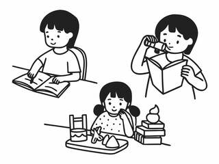 Simple black and white vector line drawing of children doing daily activities — brushing teeth, reading, playing with toys — cute and educational style for preschool coloring pages