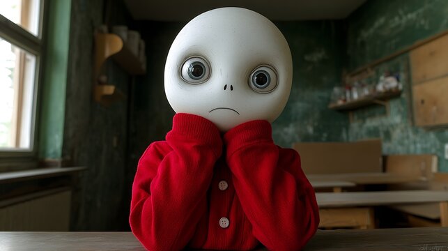 A figure with a simple, round face sits at a table.