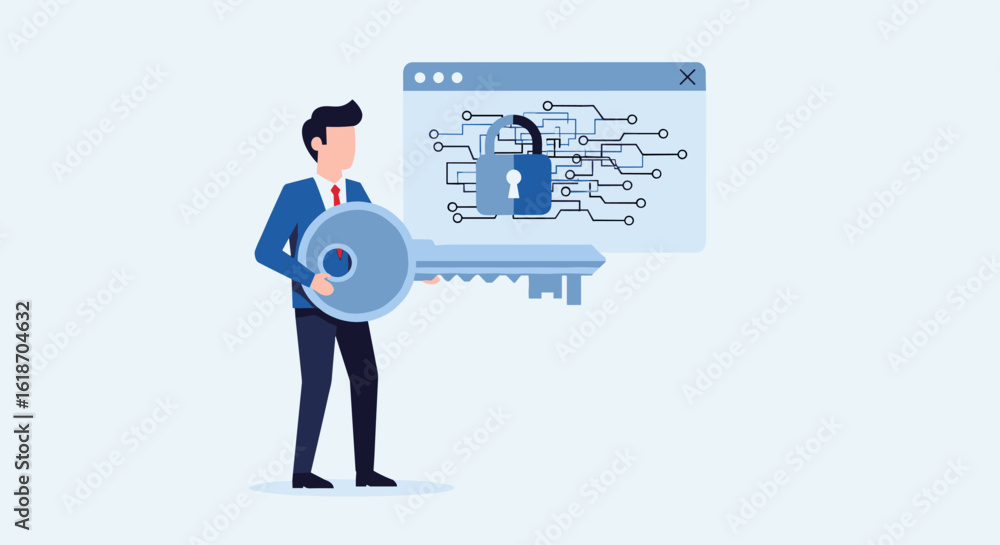 Poster a businessman holding a large key in front of a computer screen with a padlock, symbolizing data pro