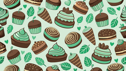 Seamless pattern of chocolate cupcakes mint frosting and green leaves vector
