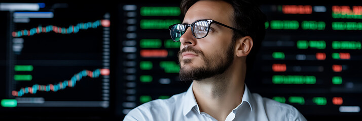 Financial Analyst Reviews Data: A man with glasses examines stock market trends on a dark screen, looking thoughtfully at the financial insights.