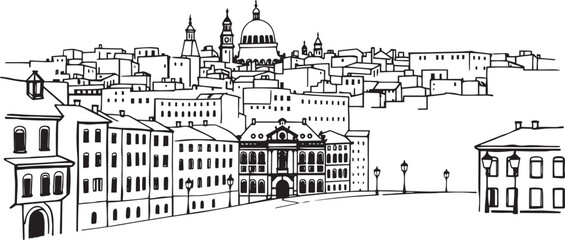 City landscape. Different buildings on street, outline cityscape hand sketch, flat houses. Hand drawn vector illustration