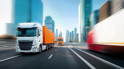 White truck lorry orange container trailer highway road urban city skyscrapers. Commercial freight cargo logistics shipping delivery transport motion blur business industry.