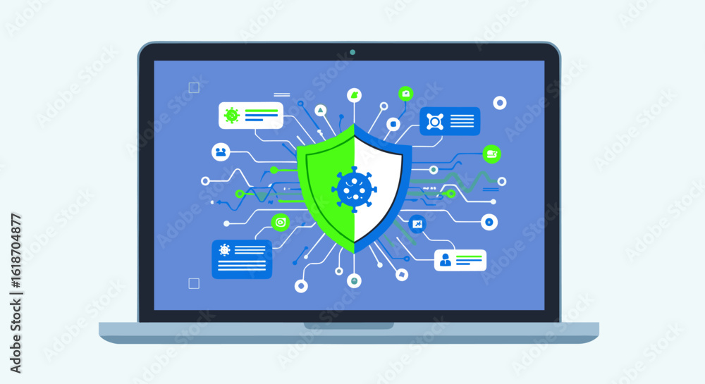 Poster digital security shield with virus icon on laptop screen, representing cybersecurity and data protec