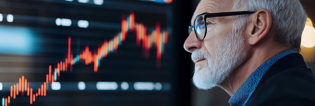 Senior man analyses financial data on a screen, focusing on market trends and investment strategies. His expertise shines through in the trading environment.