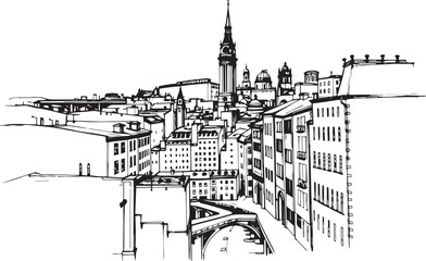 City landscape. Different buildings on street, outline cityscape hand sketch, flat houses. Hand drawn vector illustration