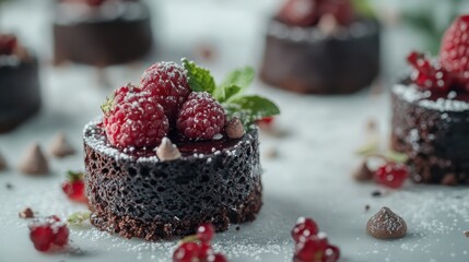 Delicious Chocolate Dessert with Fresh Raspberries and Mint Leaves