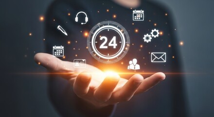 A hand holding a digital display of 24 hour customer service and support information