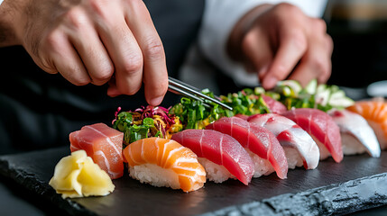 Sushi Preparation: A chef adds delicate toppings to assorted nigiri sushi on a slate platter, showcasing culinary artistry and fresh ingredients.