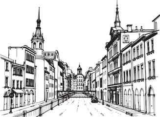 City landscape. Different buildings on street, outline cityscape hand sketch, flat houses. Hand drawn vector illustration
