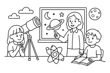Children learning astronomy in classroom coloring page line art.Vector