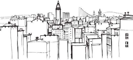 Obraz premium City landscape. Different buildings on street, outline cityscape hand sketch, flat houses. Hand drawn vector illustration