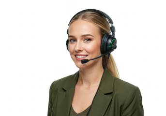 Smiling woman with headset isolated on transparent background