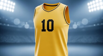 A striking yellow basketball jersey with the number ten displayed prominently on the front, set