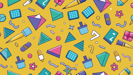 Colorful geometric shapes and school supplies pattern on yellow background stationery