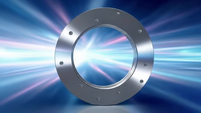 Industrial metal flange component with bolts on dynamic blue energy background. Steel pipe fitting for mechanical engineering, manufacturing assembly in modern technical environment.