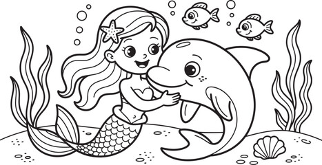 Mermaid Hugging Dolphin Undersea Friends fish seaweed