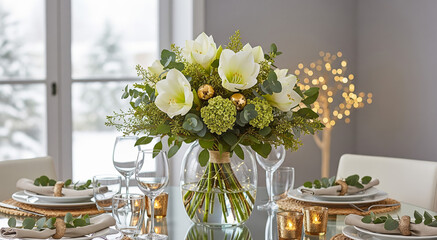 elegant white christmas bouquet with gold accents on festive winter table

